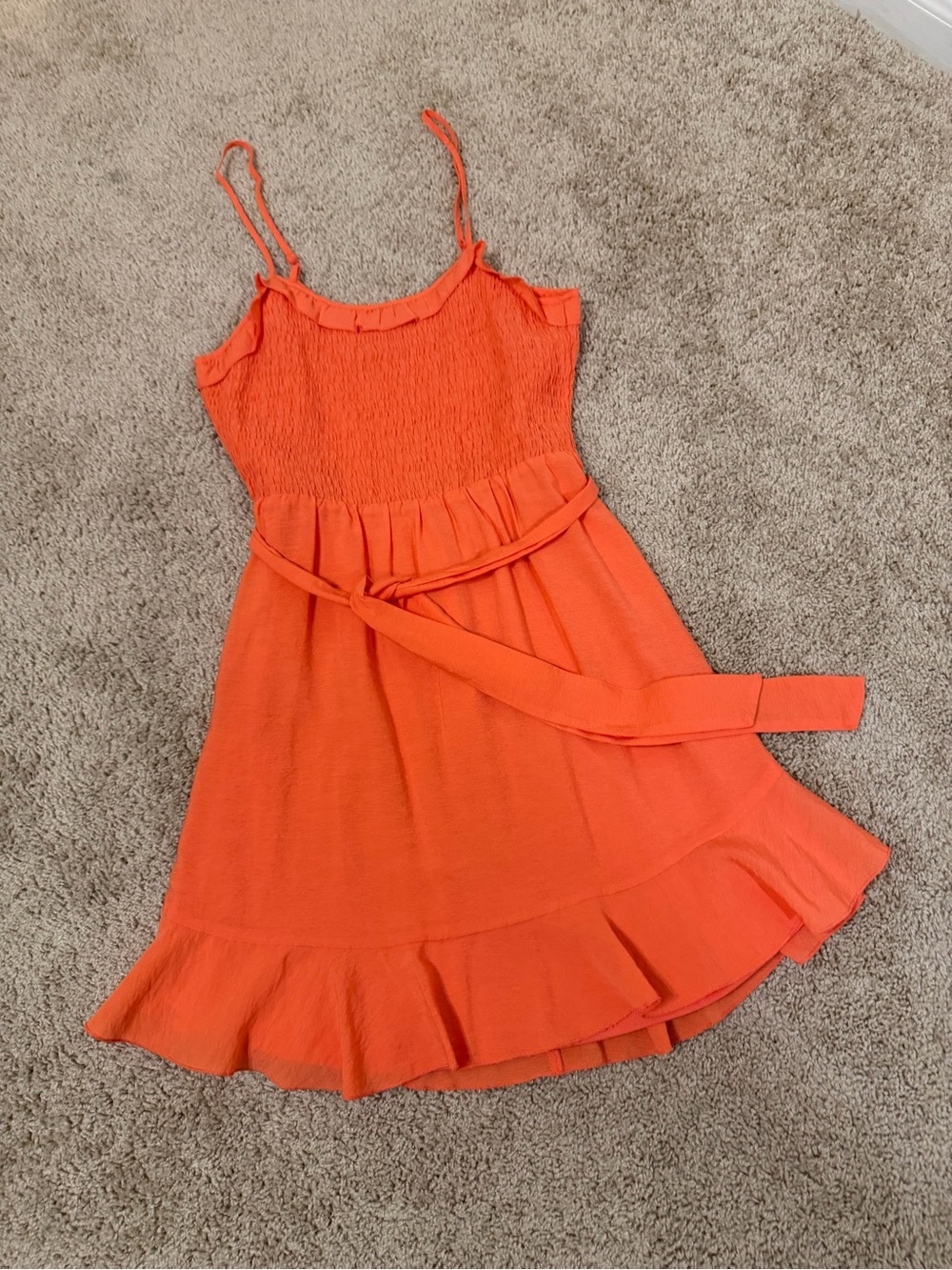 FAVLUX Orange Smocked Sundress with Belt, Medium